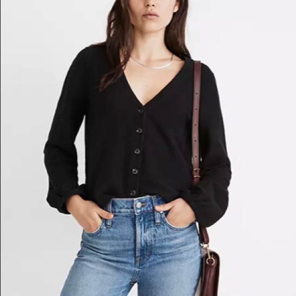 Madewell Bubble Sleeve Cardigan Top Black, pictured with tags, tags removed